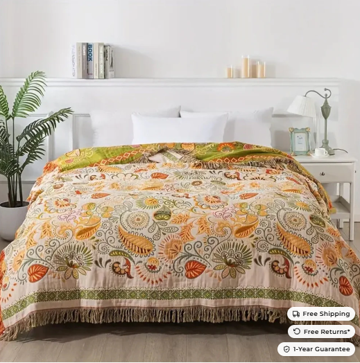 Reversible Boho Blanket, Cotton Gauze, Floral Design